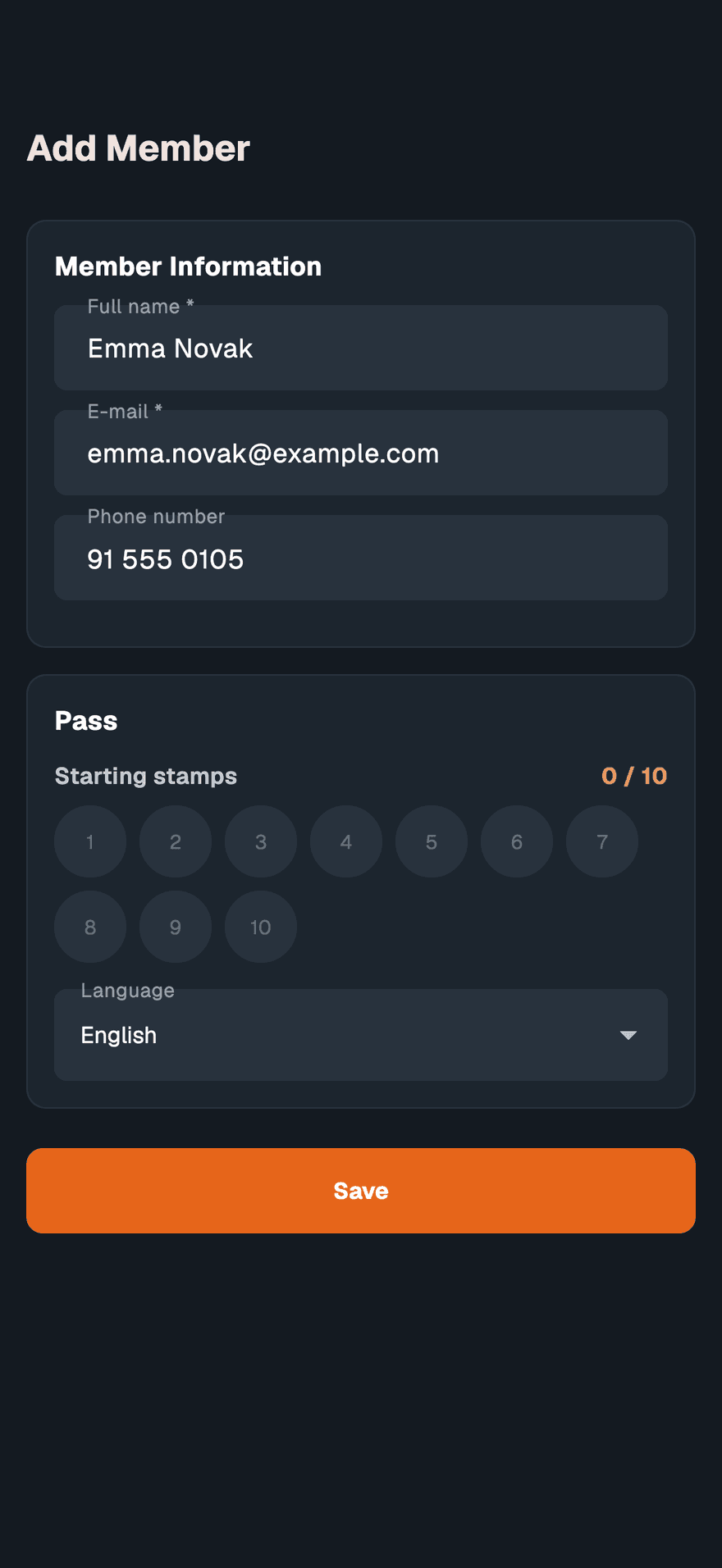 The Add Member screen for Coffee Card with name, email and phone filled in and the starting-stamps picker below