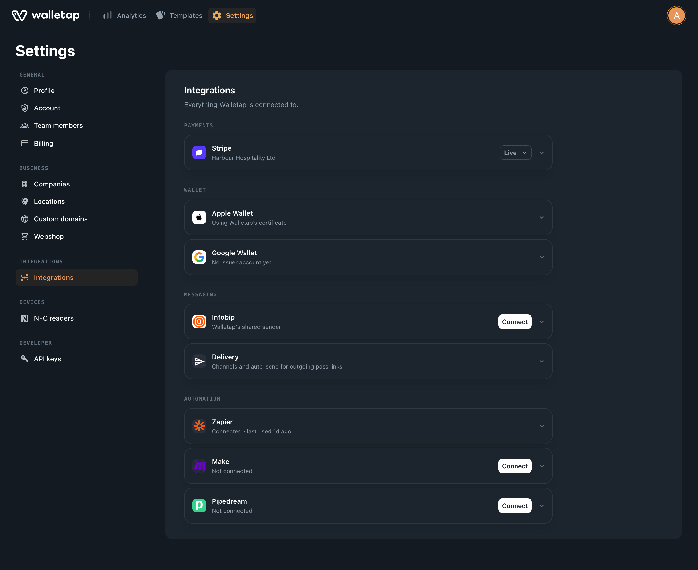 Settings, Integrations: rows grouped under Payments, Wallet, Messaging and Automation