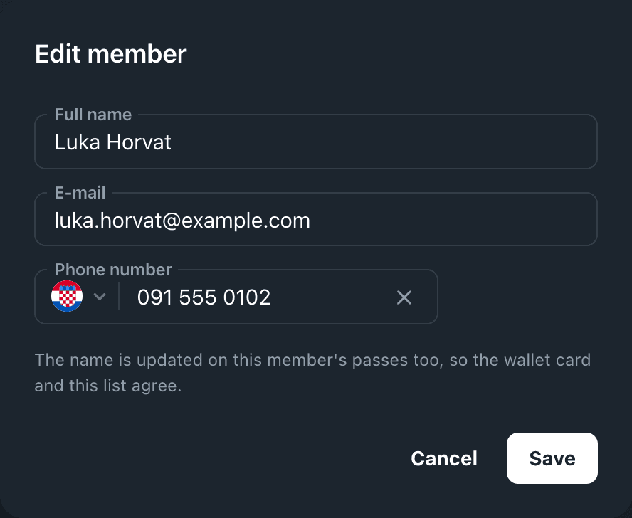The Edit member dialog for Luka Horvat, with name, email and phone number fields