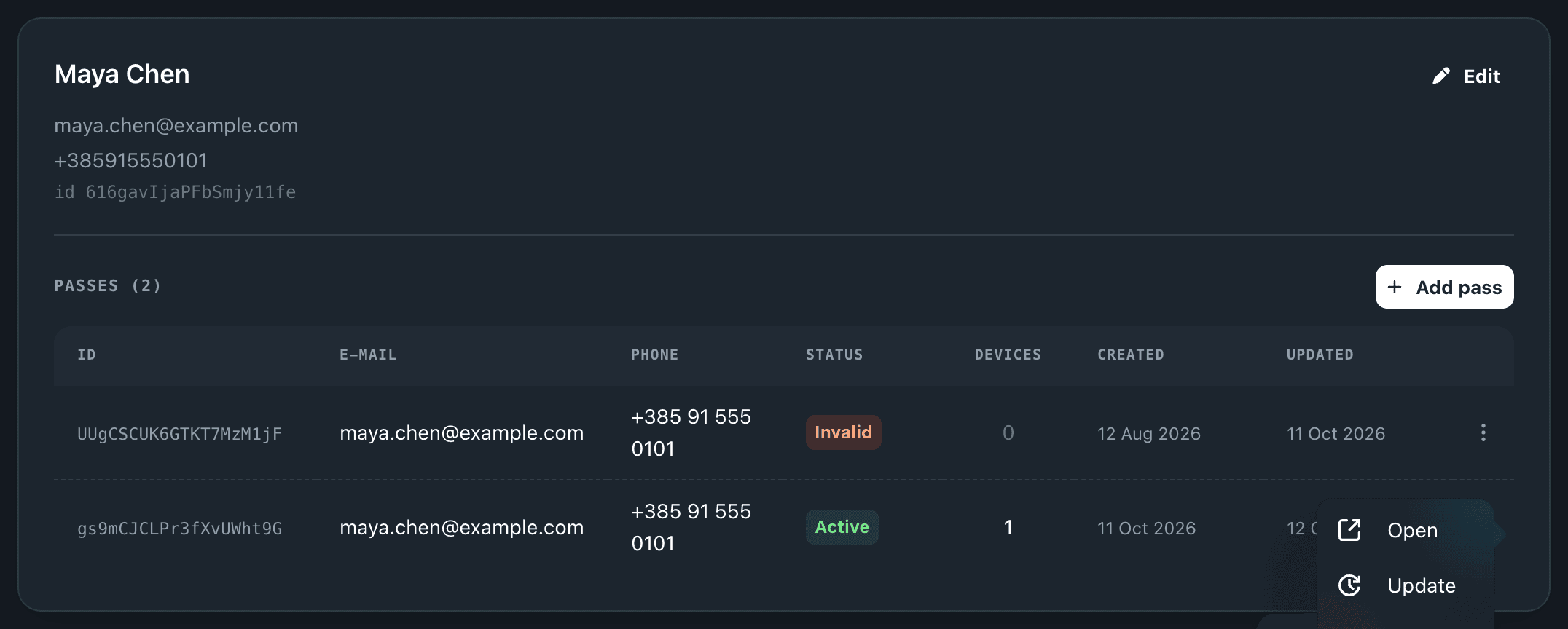 The actions menu on a pass row, with Open, Update and Invalidate
