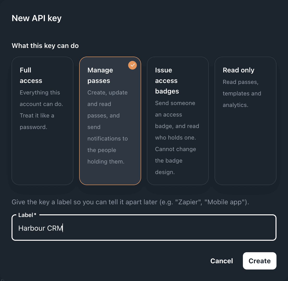 The New API key dialog with four preset cards, Manage passes selected, and a Label field reading Harbour CRM