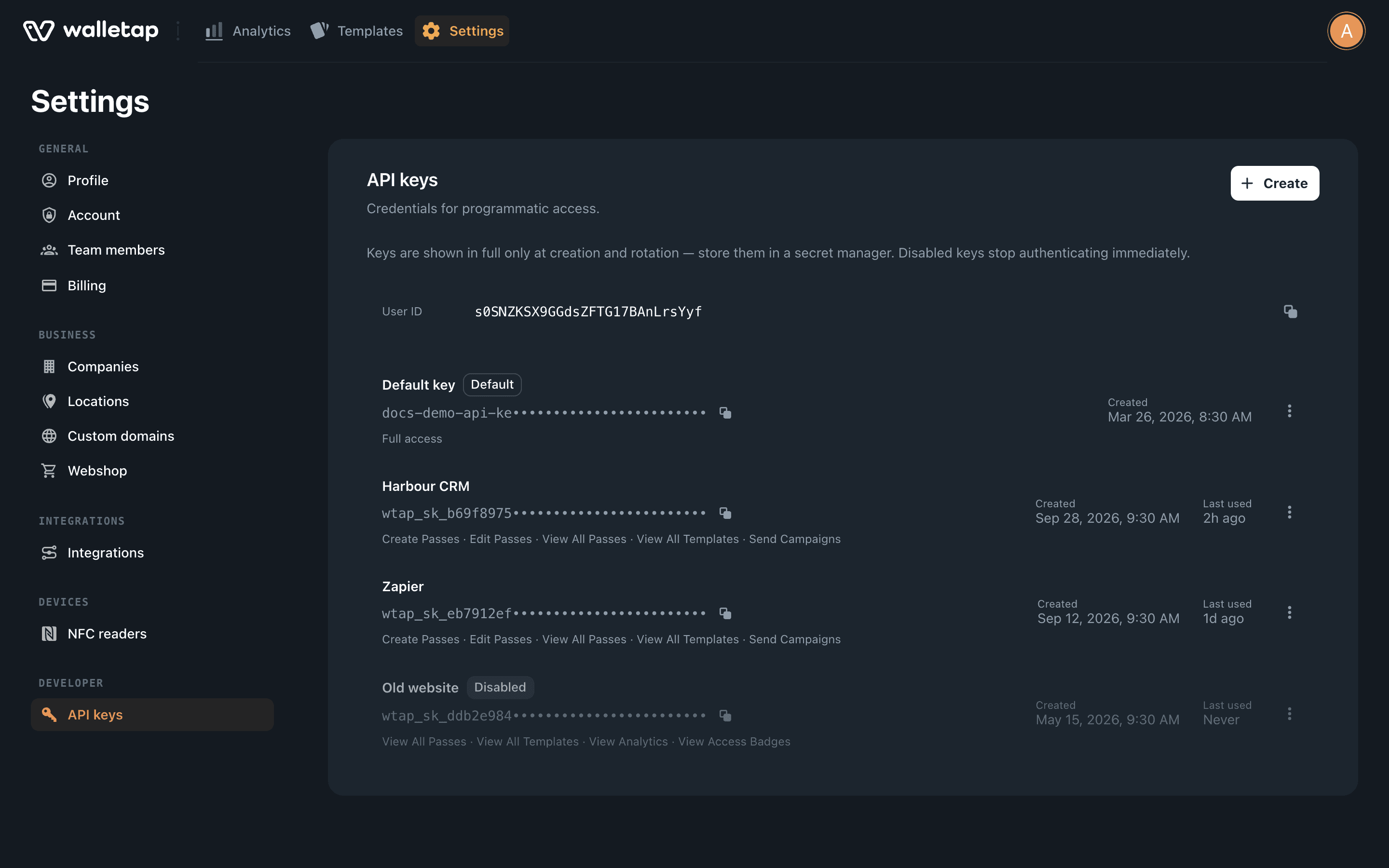 The API keys section in Settings, listing the default key and two labelled keys with their scopes, creation date and last use