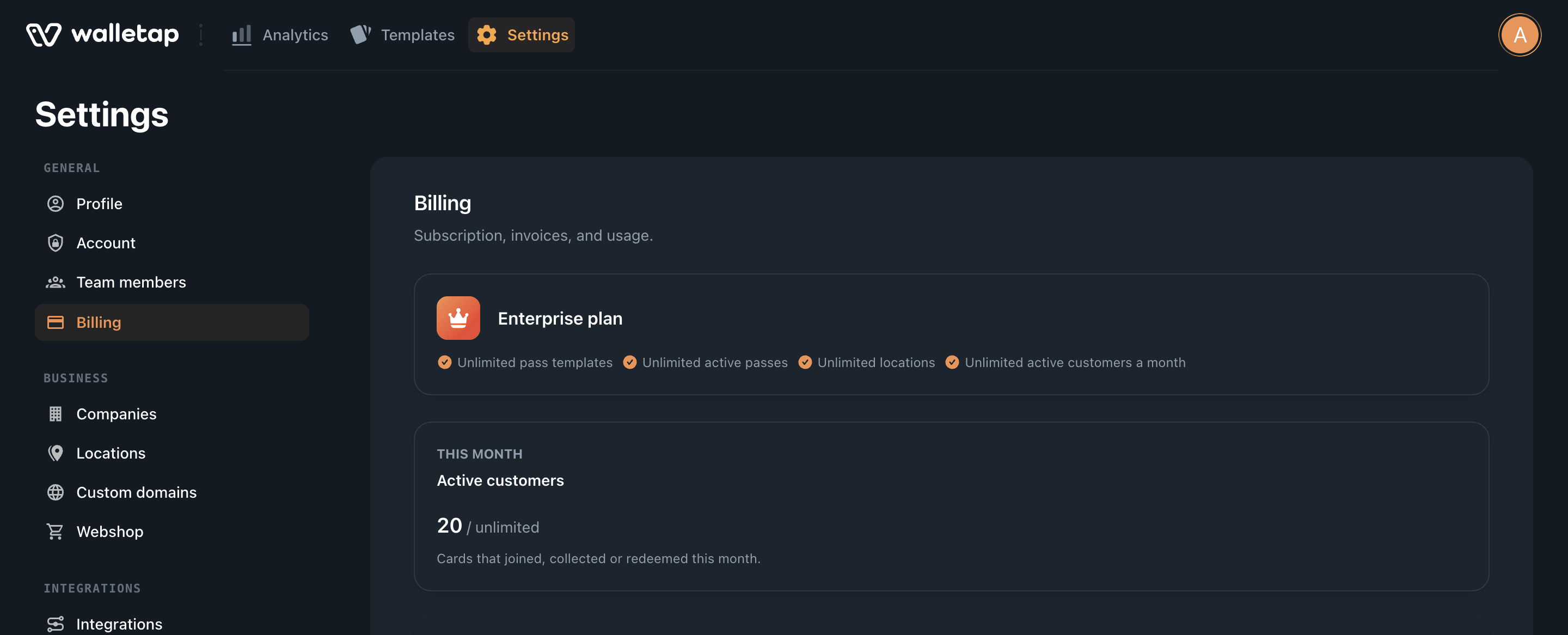 Settings, Billing section with the plan card, active customers this month and the active passes chart