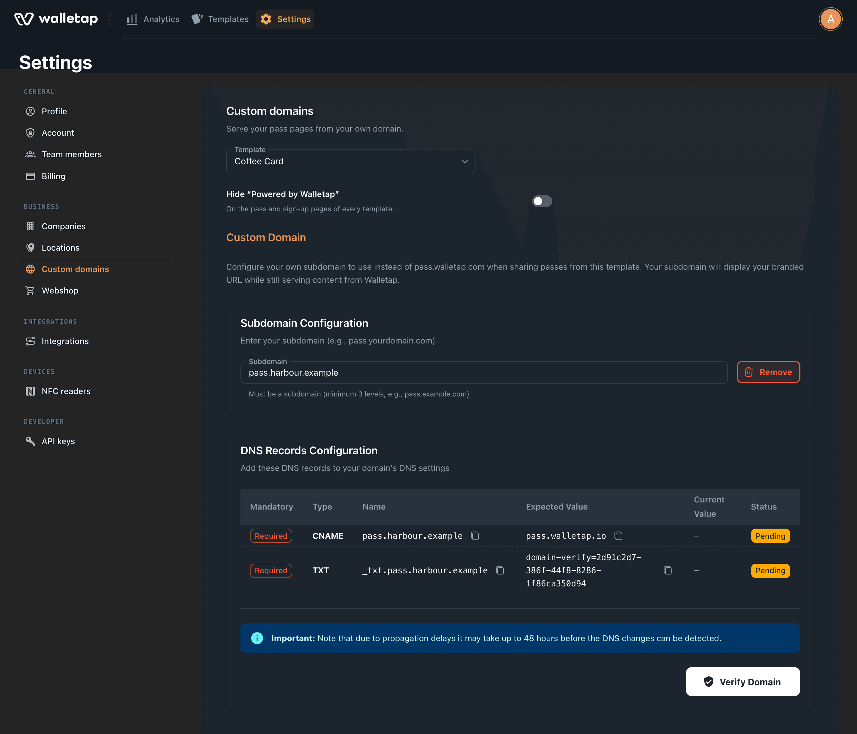 Custom domains section for the Coffee Card template, showing the pass.harbour.example subdomain and its CNAME and TXT records with Pending status