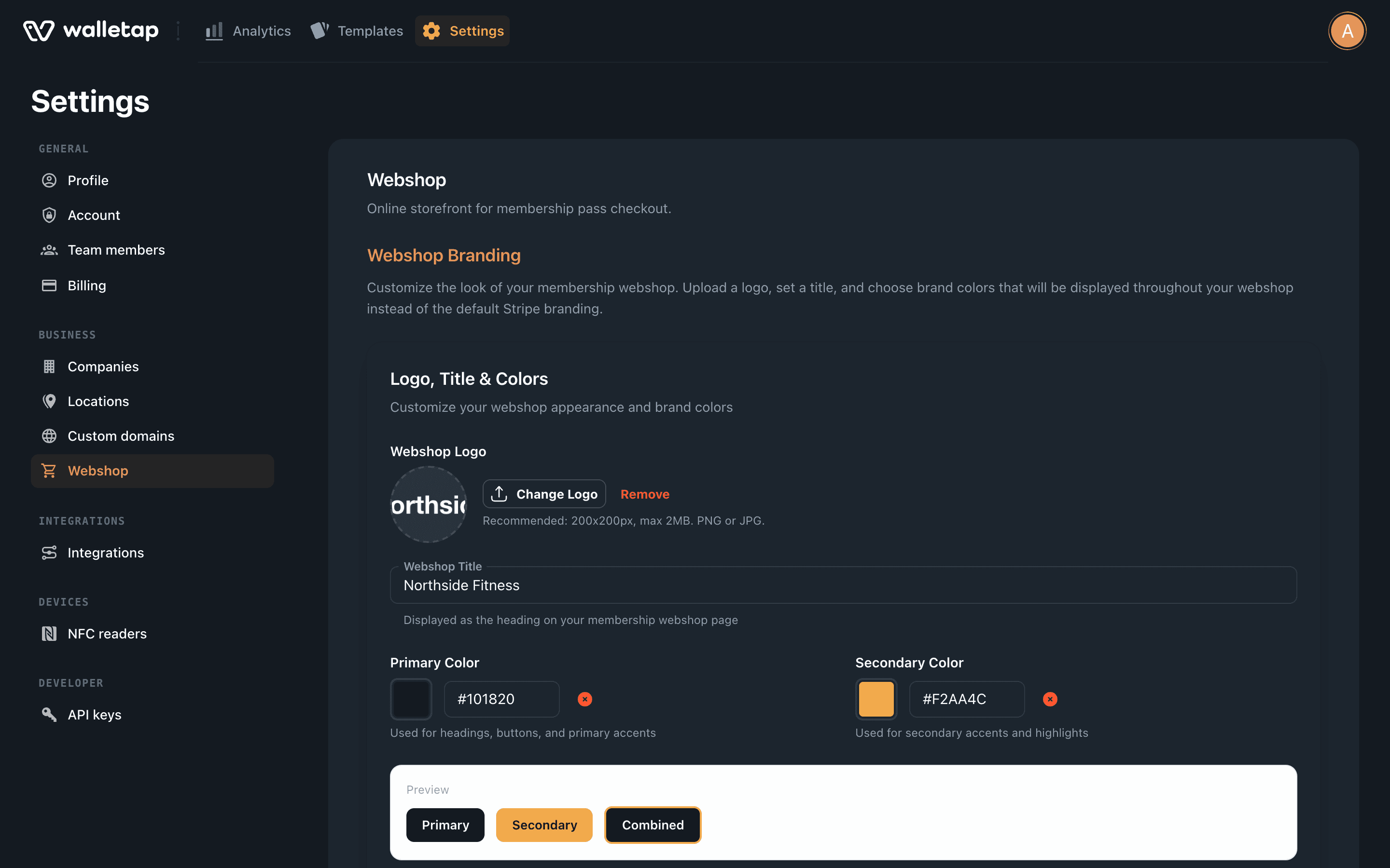 Settings, Webshop section, with the Logo, Title and Colors card, the Location Short URLs card and the Custom Domain card