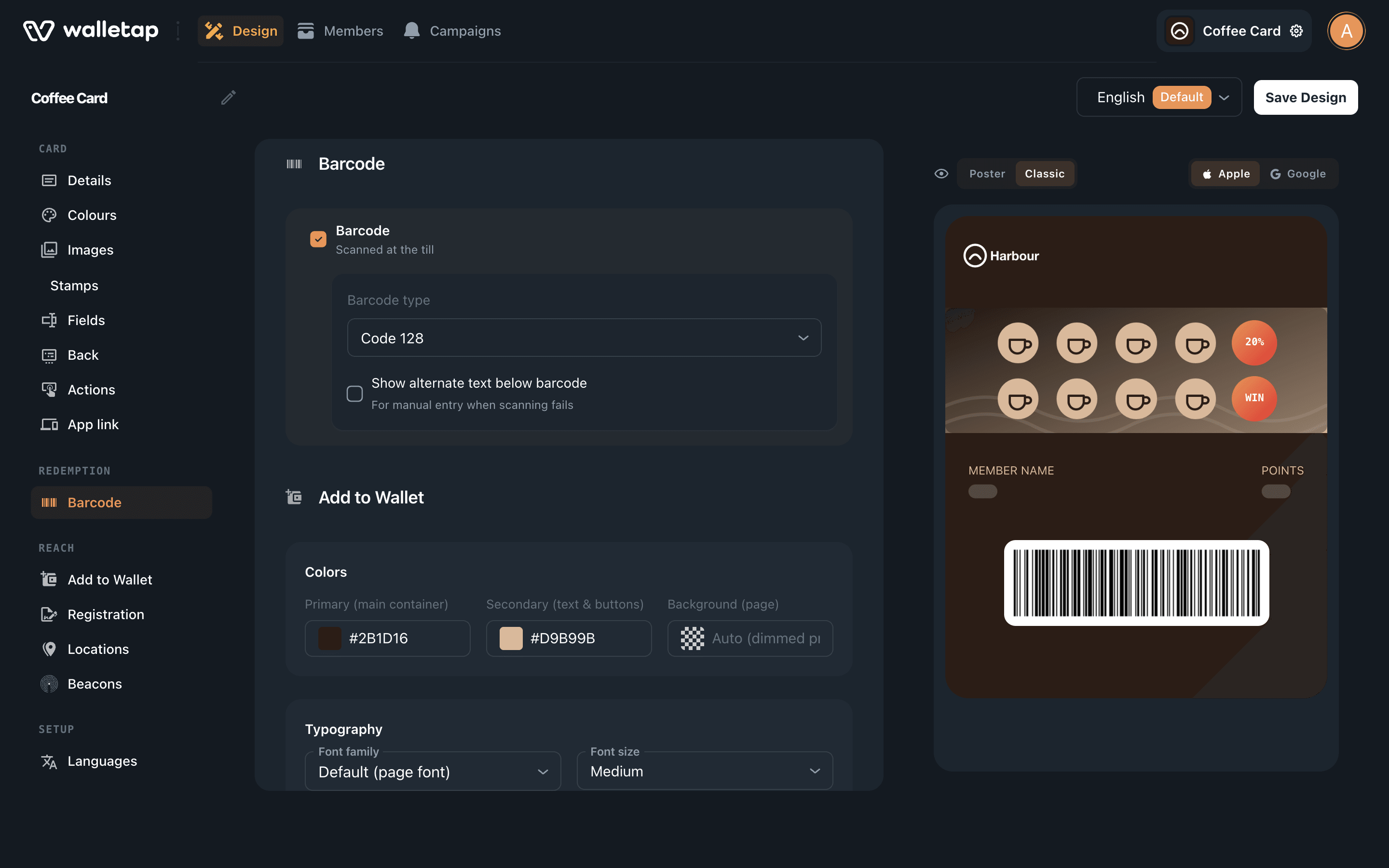 The Barcode section of the designer with Barcode ticked, QR code chosen as the barcode type, and the alternate-text option below