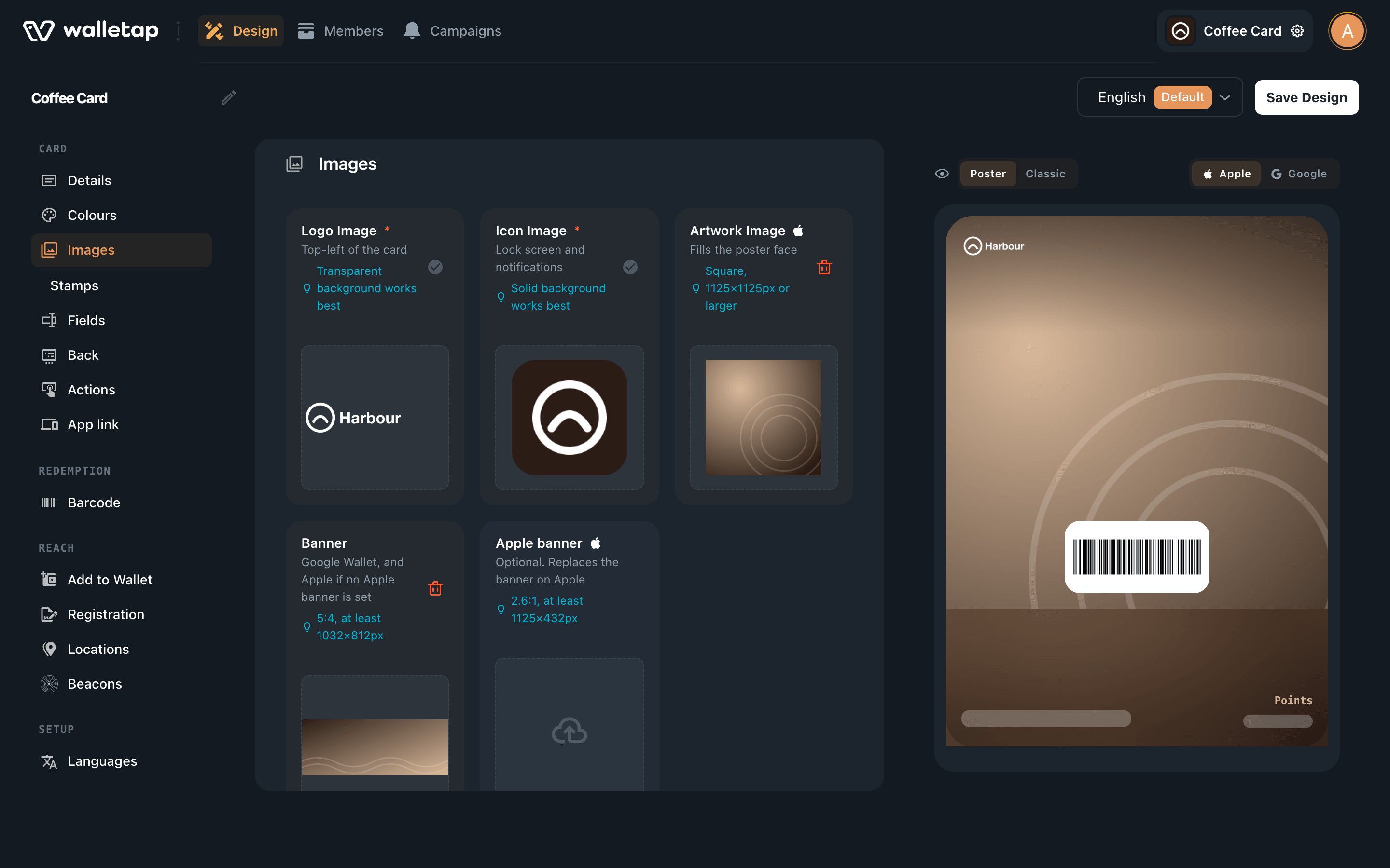 The Images section for Coffee Card, with the Logo, Icon, Artwork, Banner and Apple banner slots filled in