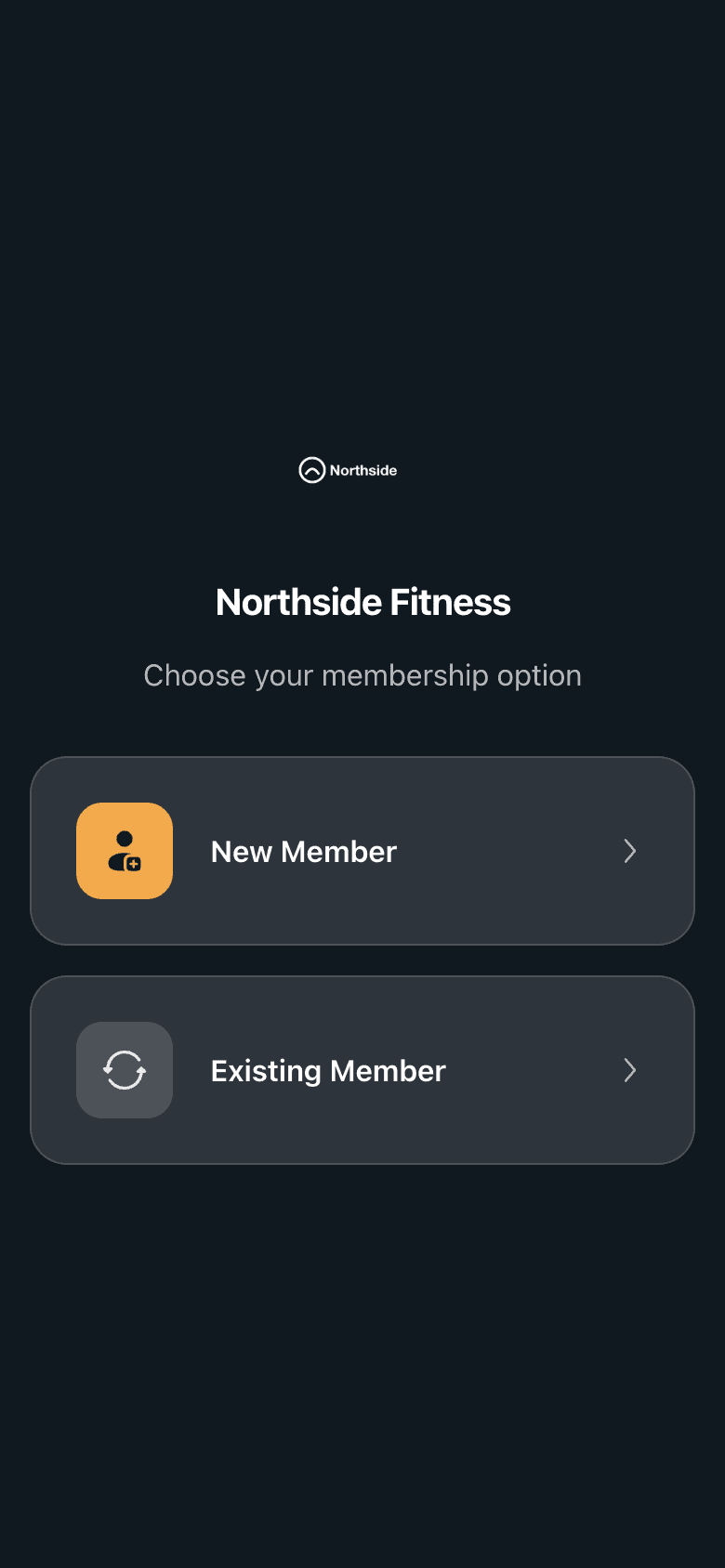The Northside Fitness webshop page with the Northside logo and two choices, New Member and Existing Member