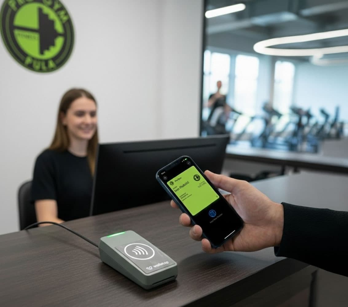 Član prislanja svoju Pro-Gym propusnicu na Walletap NFC čitač na recepciji