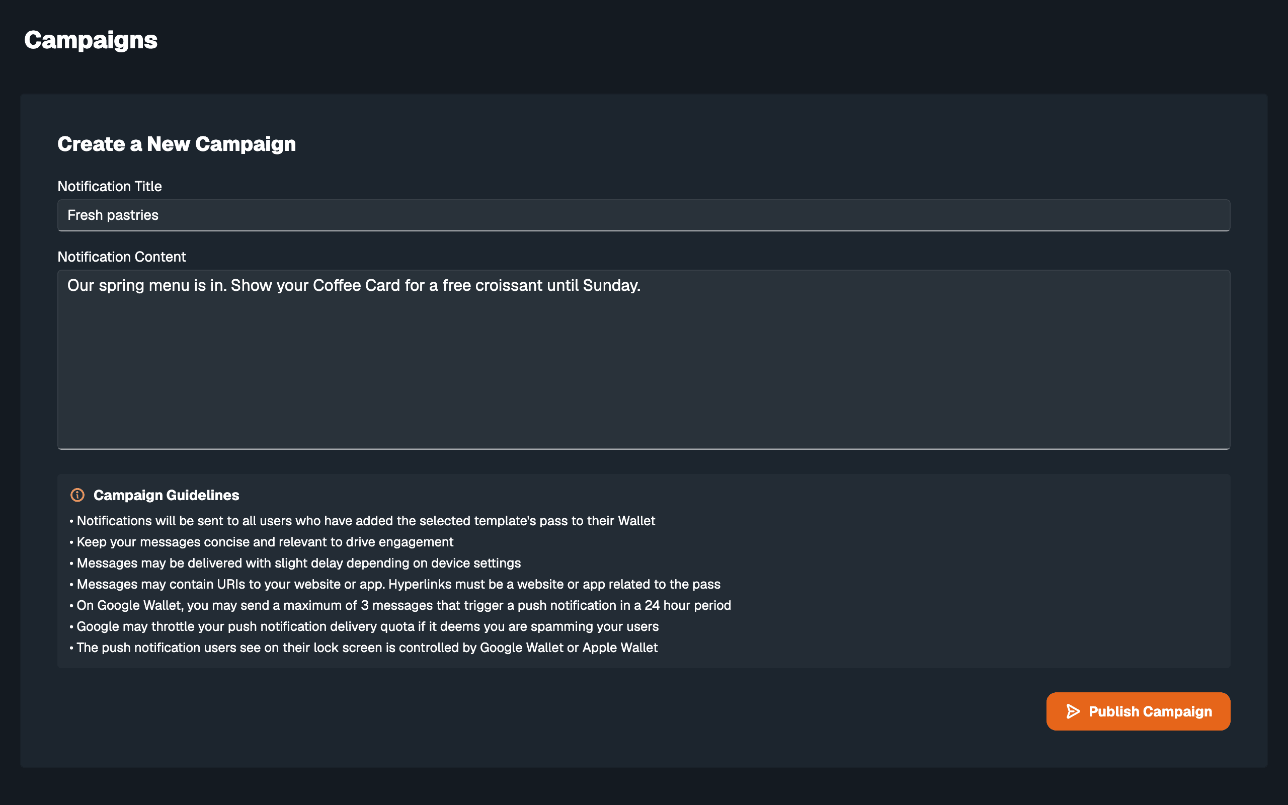 The desktop app's Campaigns screen with a notification title and content filled in above the Publish Campaign button