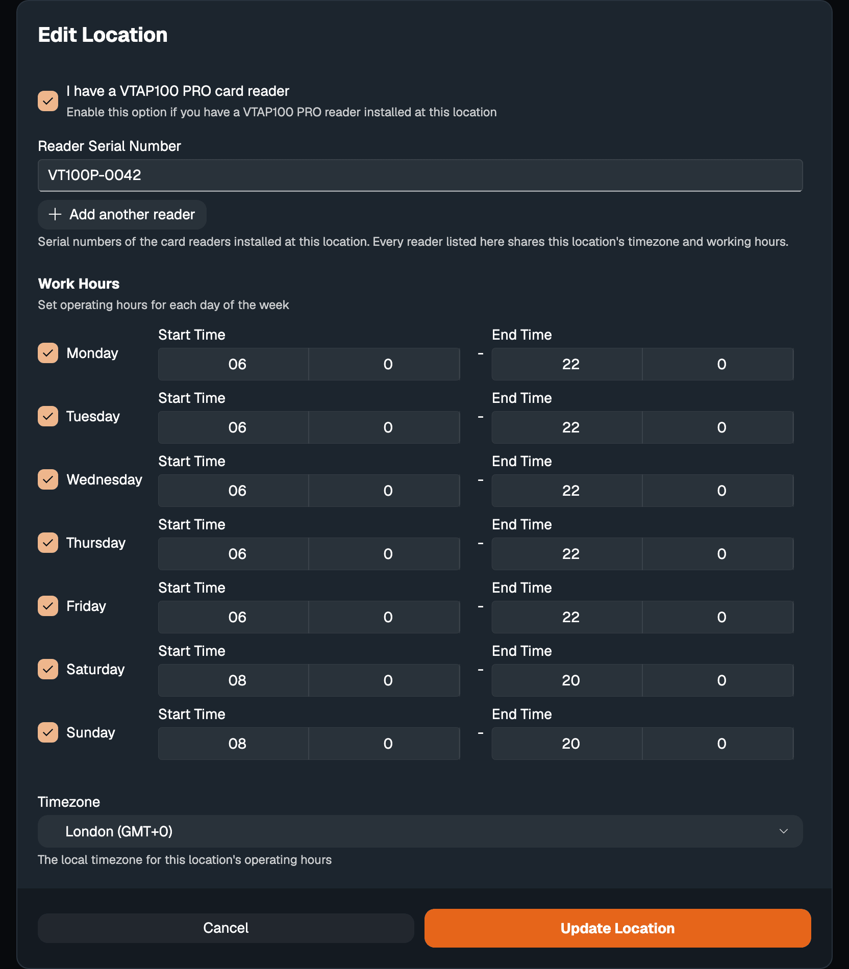 The Edit Location dialog for Northside Fitness with I have a VTAP100 PRO card reader ticked, one reader serial number, the London (GMT+0) timezone and work hours for each day