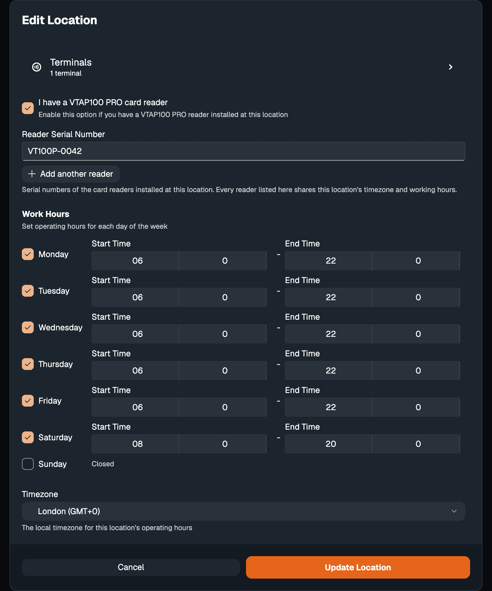 Desktop app Edit Location dialog with the VTAP100 PRO reader option ticked, a weekly Work Hours grid and the Timezone picker