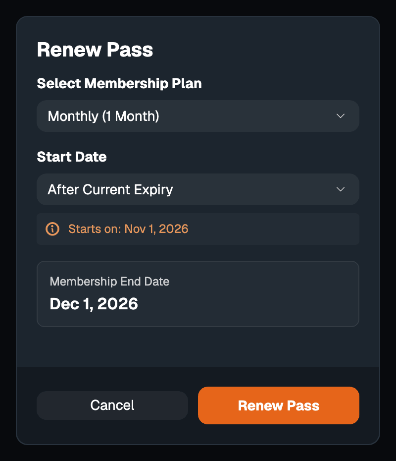 The Renew Pass dialog with a one-month plan selected, Start Date set to After Current Expiry and the resulting Membership End Date