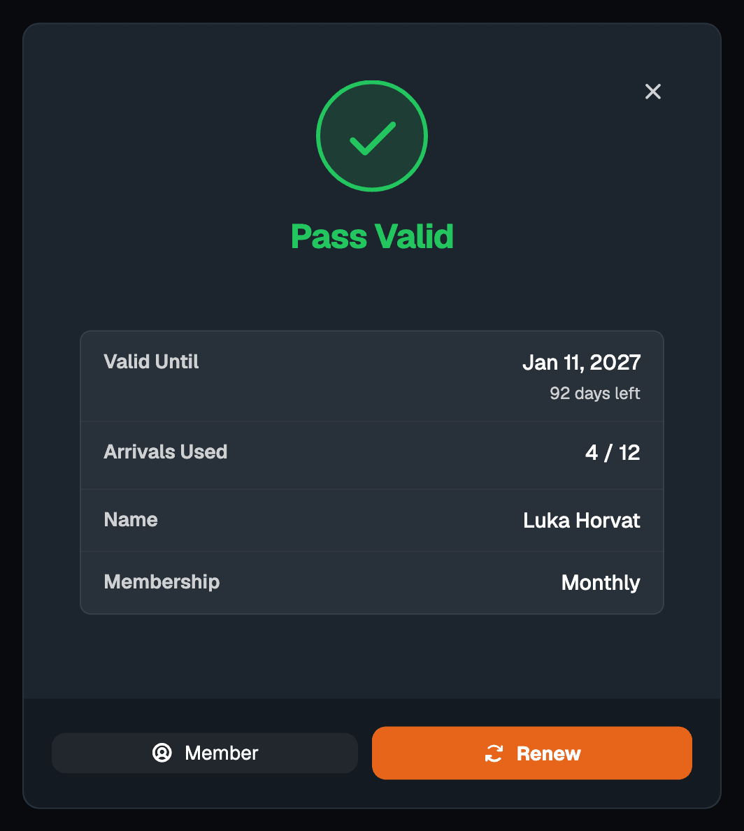 The desktop scan result dialog for Luka Horvat's Northside Membership, with Valid Until, arrivals and the Renew and Member buttons