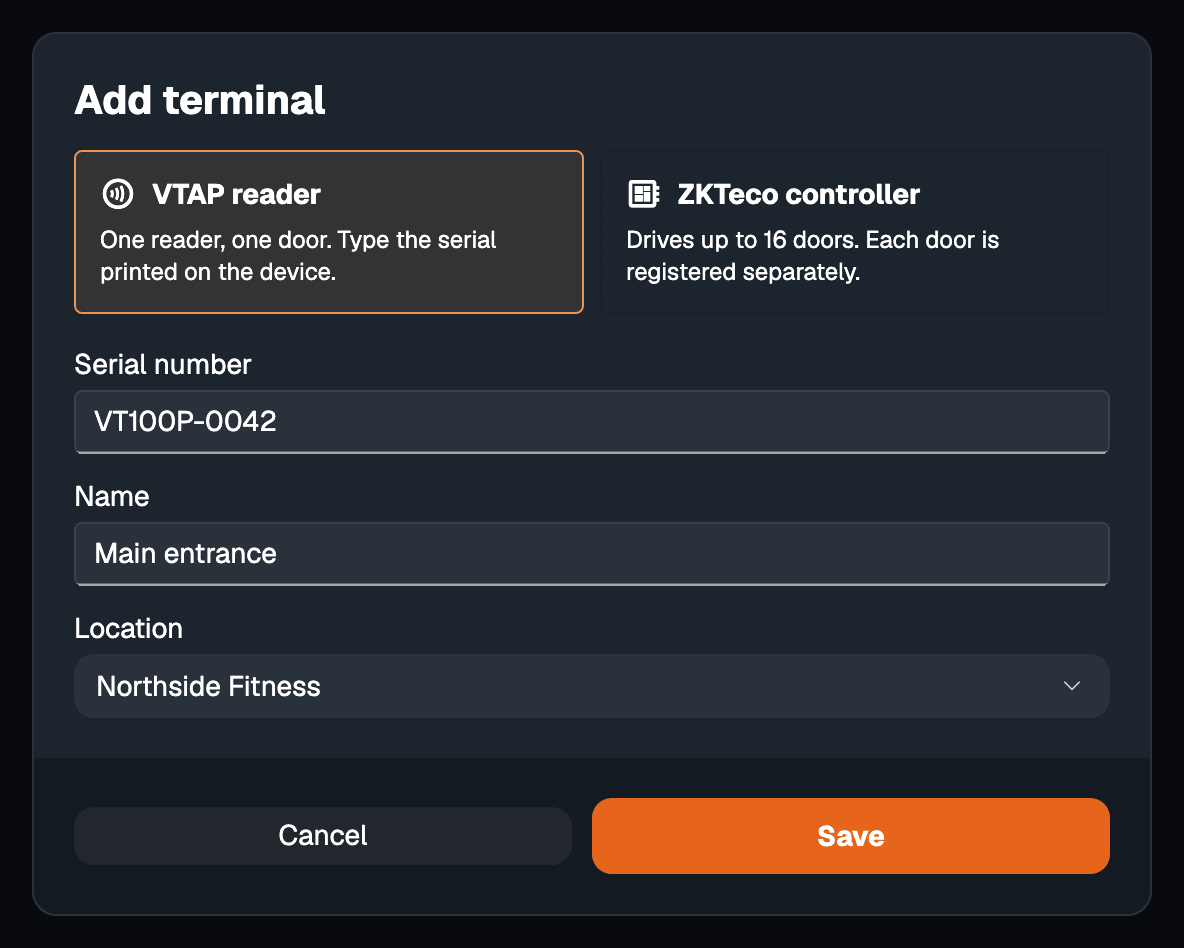The Add terminal dialog with VTAP reader selected, a serial number, the name Main entrance and the location Northside Fitness