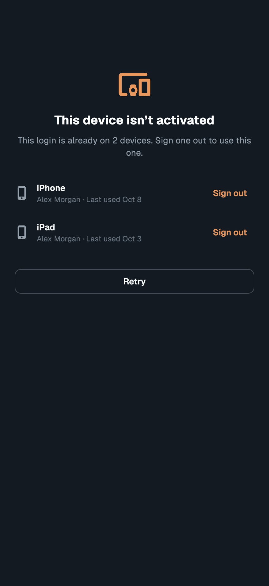 The This device isn’t activated screen saying the login is already on 2 devices, with Alex Morgan's iPhone and iPad listed beside Sign out buttons, and a Retry button