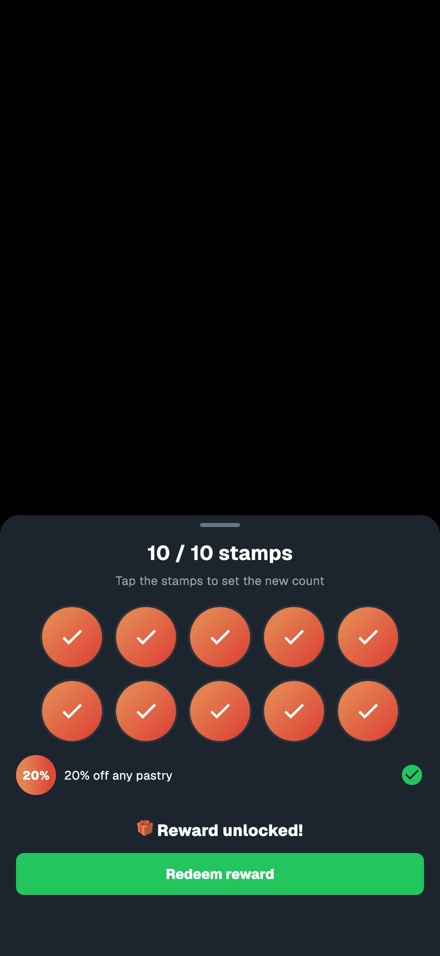 The stamp sheet with all 10 stamps filled, the text Reward unlocked! and a Redeem reward button