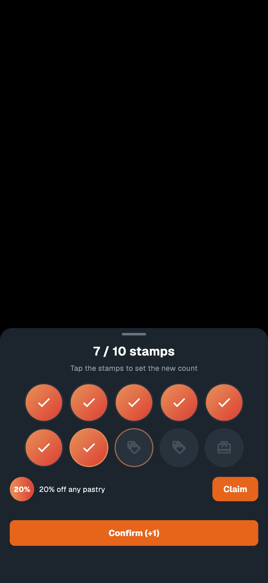 The stamp sheet at 6 of 10 stamps with the seventh tile selected and a Confirm (+1) button