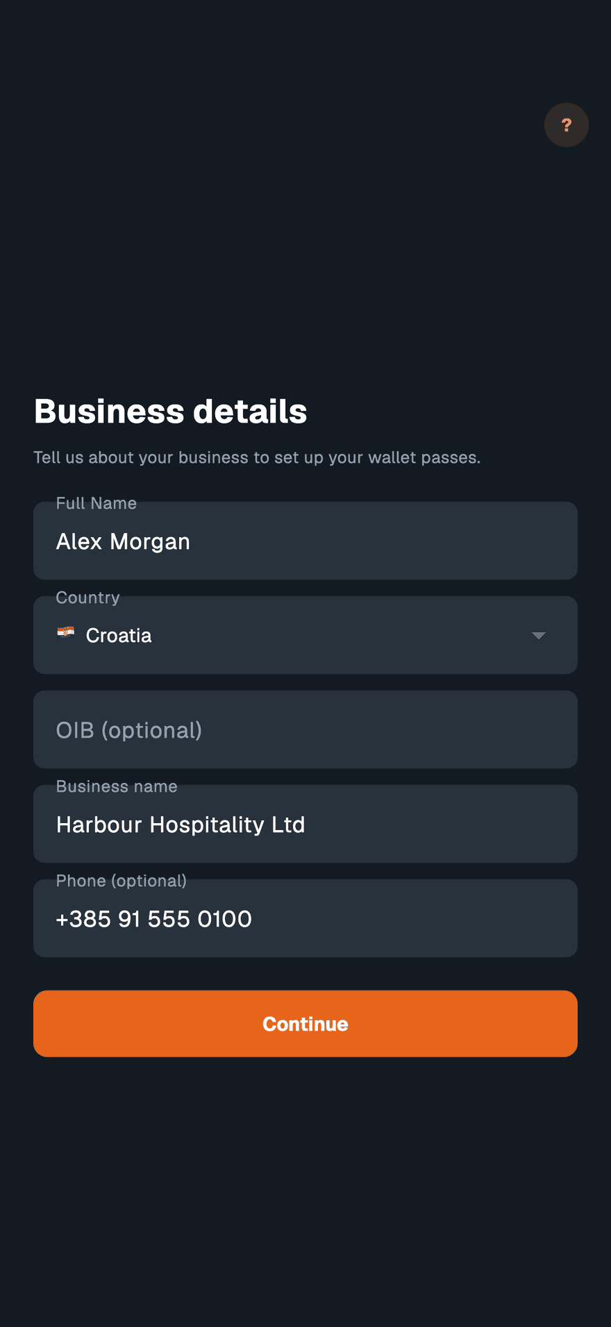 The Business details screen with name, country, tax number, business name and phone fields, and a Continue button