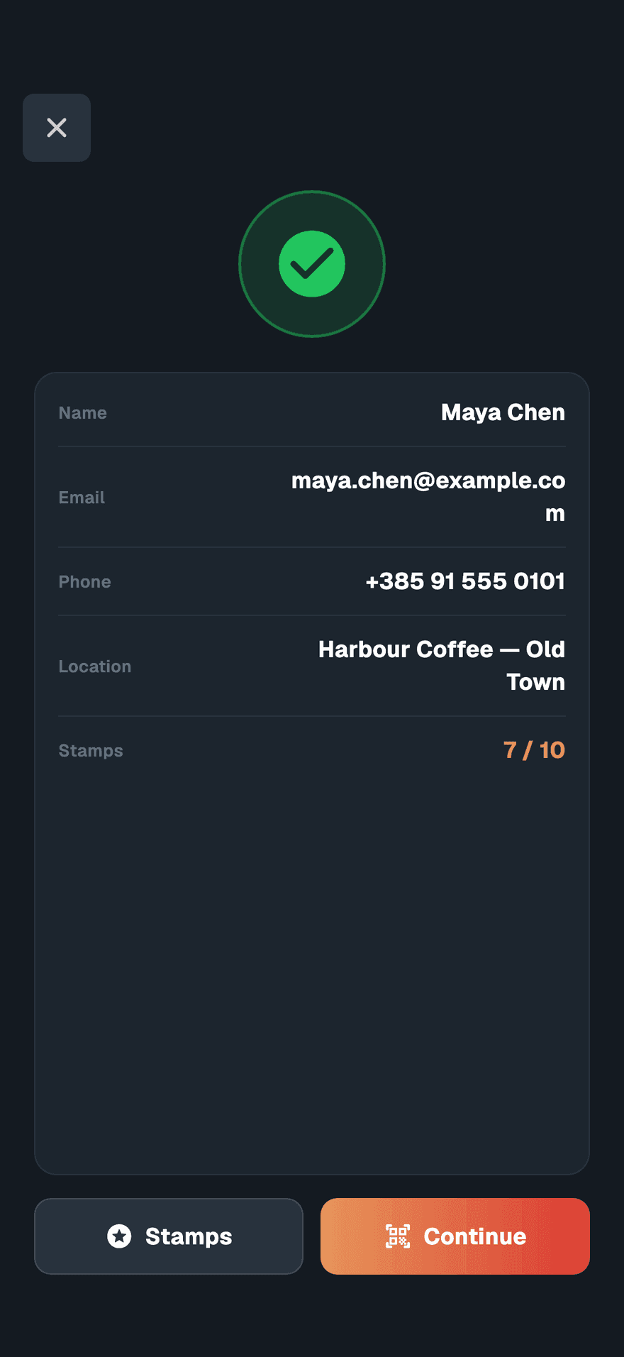 A valid scan result for Maya Chen's Coffee Card, showing her details, 7 of 10 stamps, and the Stamps and Continue buttons