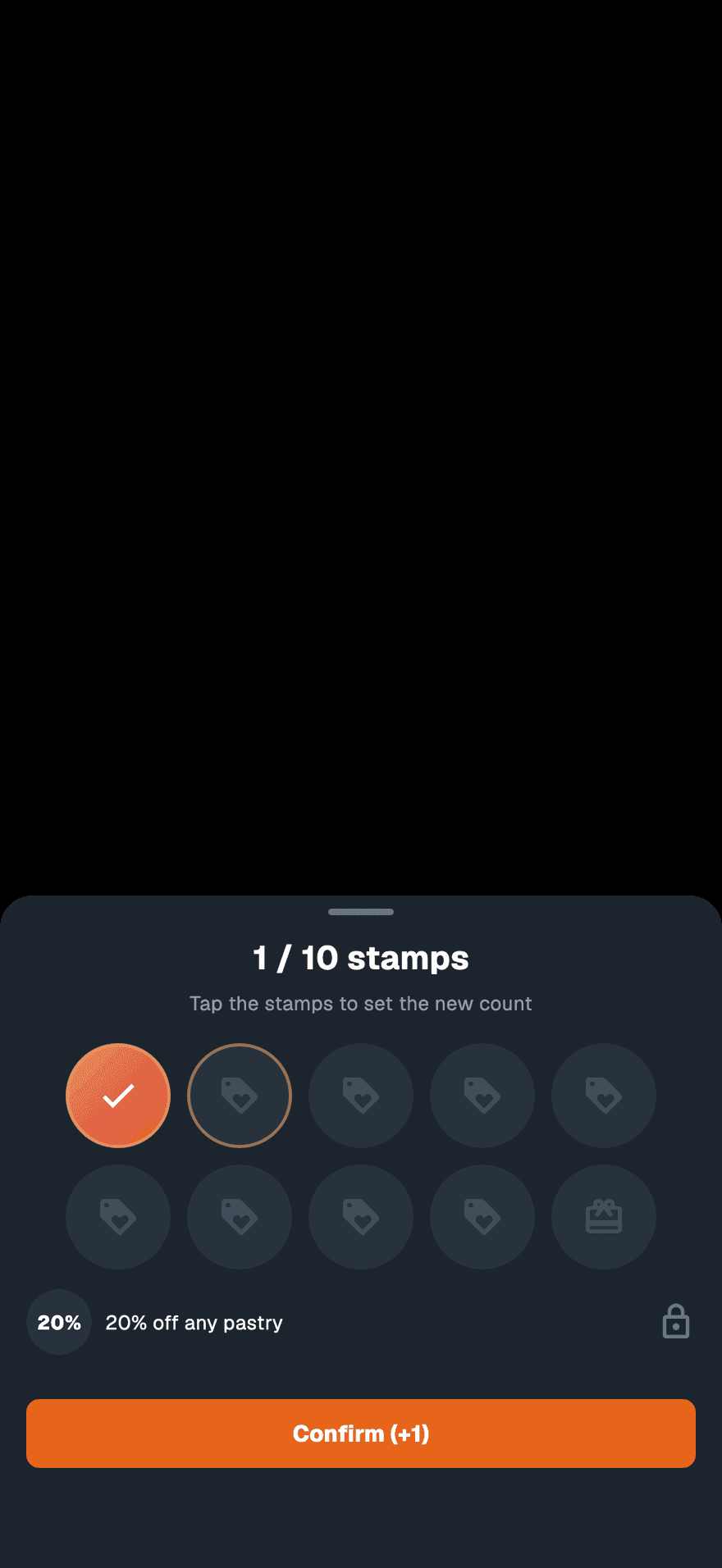 The stamp sheet over the scanner, with ten stamp tiles, the first one selected, and a Confirm button