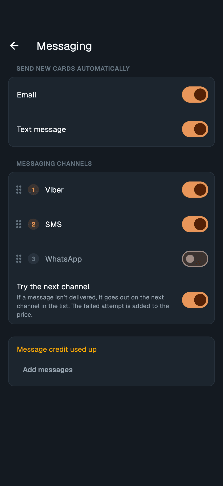 The mobile app's Messaging screen with automatic sending switches, three channels in order with per-message prices, the Try the next channel switch and the account's message credit