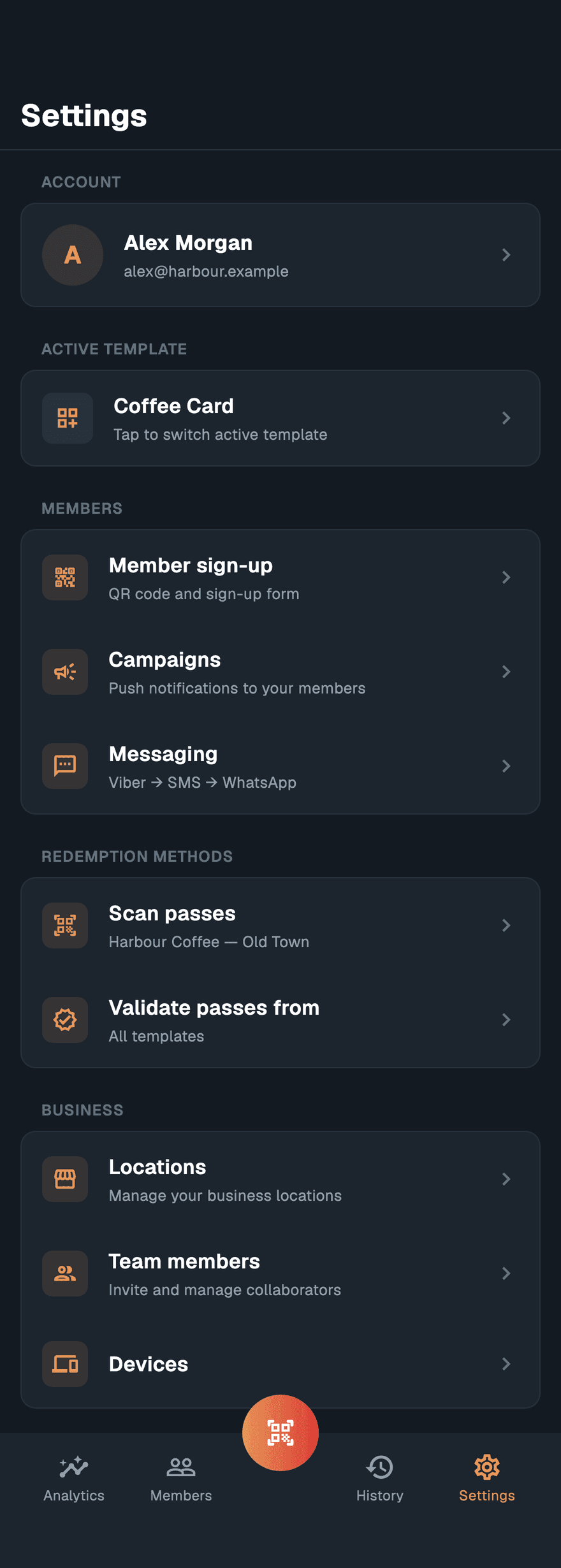 The Settings screen with the Account, Active template, Members and Business sections