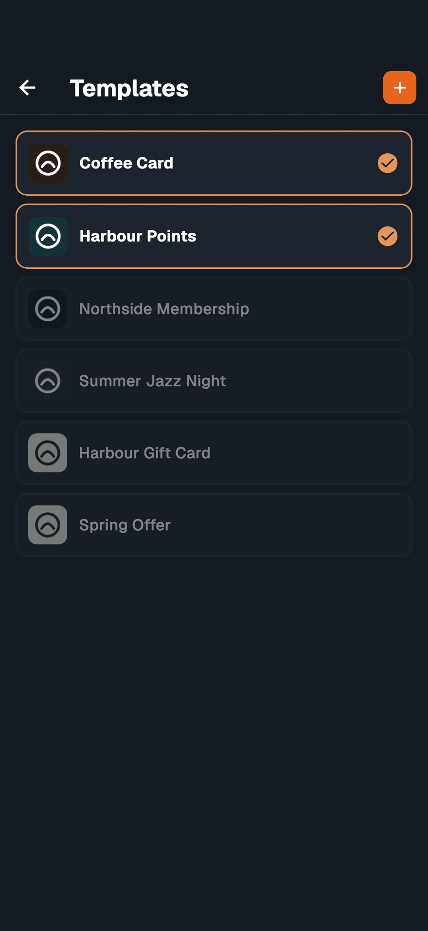 The Templates list with Coffee Card and Harbour Points selected and the other templates dimmed