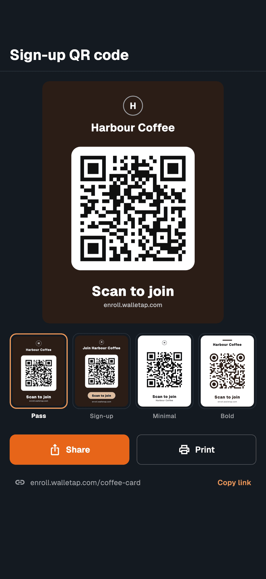 The Member sign-up screen in the mobile app on the QR code tab, showing a Coffee Card poster with Scan to join, four design thumbnails, and Share and Print buttons