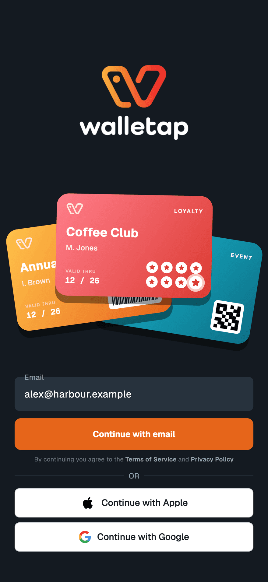 The Walletap welcome screen with an email field, the Continue with email button, and Continue with Apple and Continue with Google below it