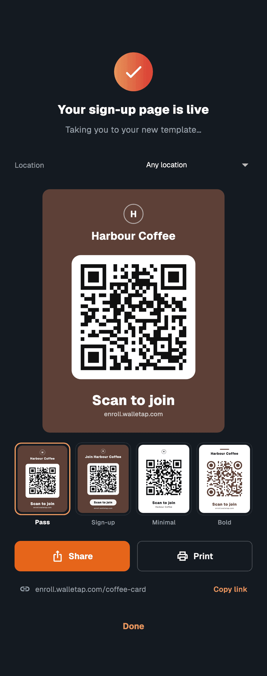 The success screen reading Your sign-up page is live, with a sign-up QR code and Share, Print and Copy link buttons