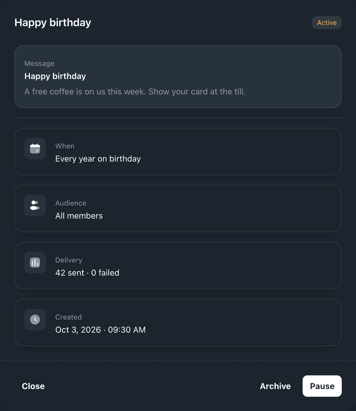 The detail dialog of an active Happy birthday campaign on the Coffee Card, showing its message, When, Audience, Delivery and Created rows with Archive and Pause buttons