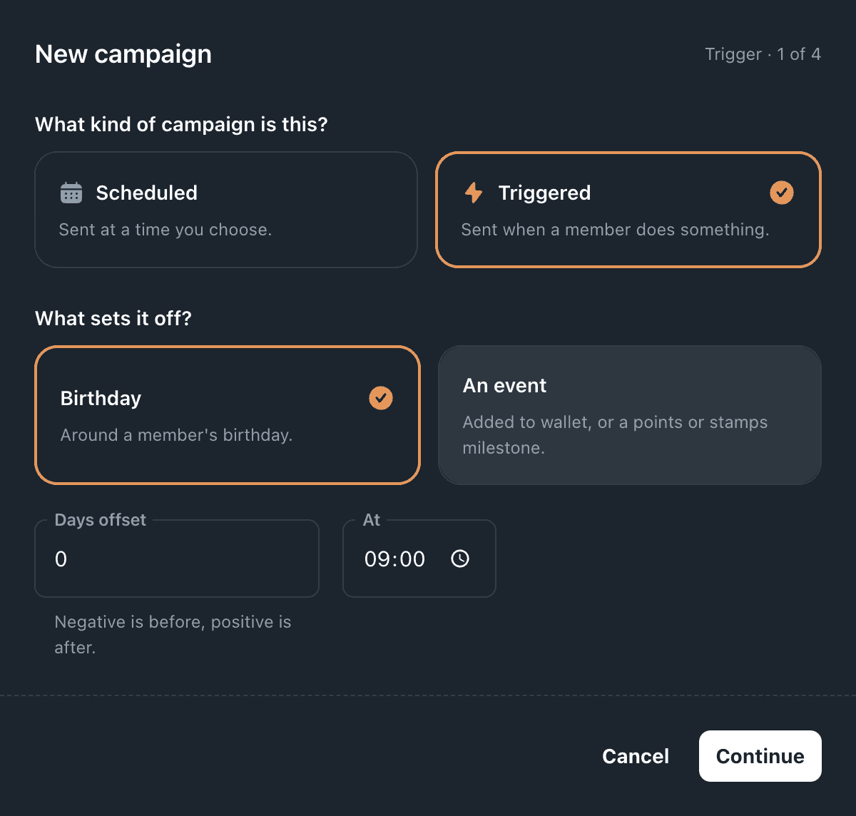 The New campaign dialog on its Trigger step, with Triggered selected and Birthday chosen, a Days offset of 0 and a send time of 10:00