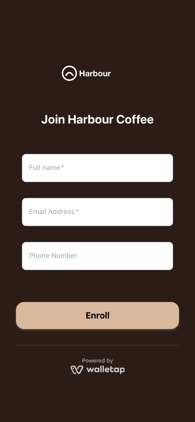 The Coffee Card sign-up page on a phone, with the title Join Harbour Coffee, fields for full name, email and phone, and an Enroll button