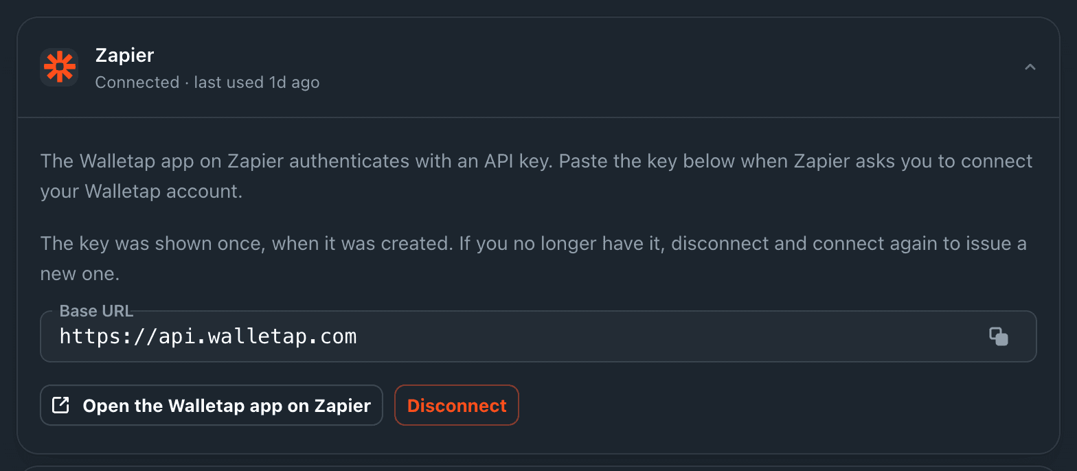 The open Zapier row showing the new API key, the Base URL and the Open the Walletap app on Zapier button