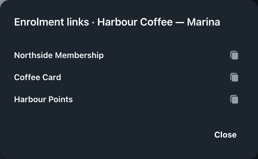 Enrolment links dialog for Harbour Coffee — Marina, listing a link per template with a copy button