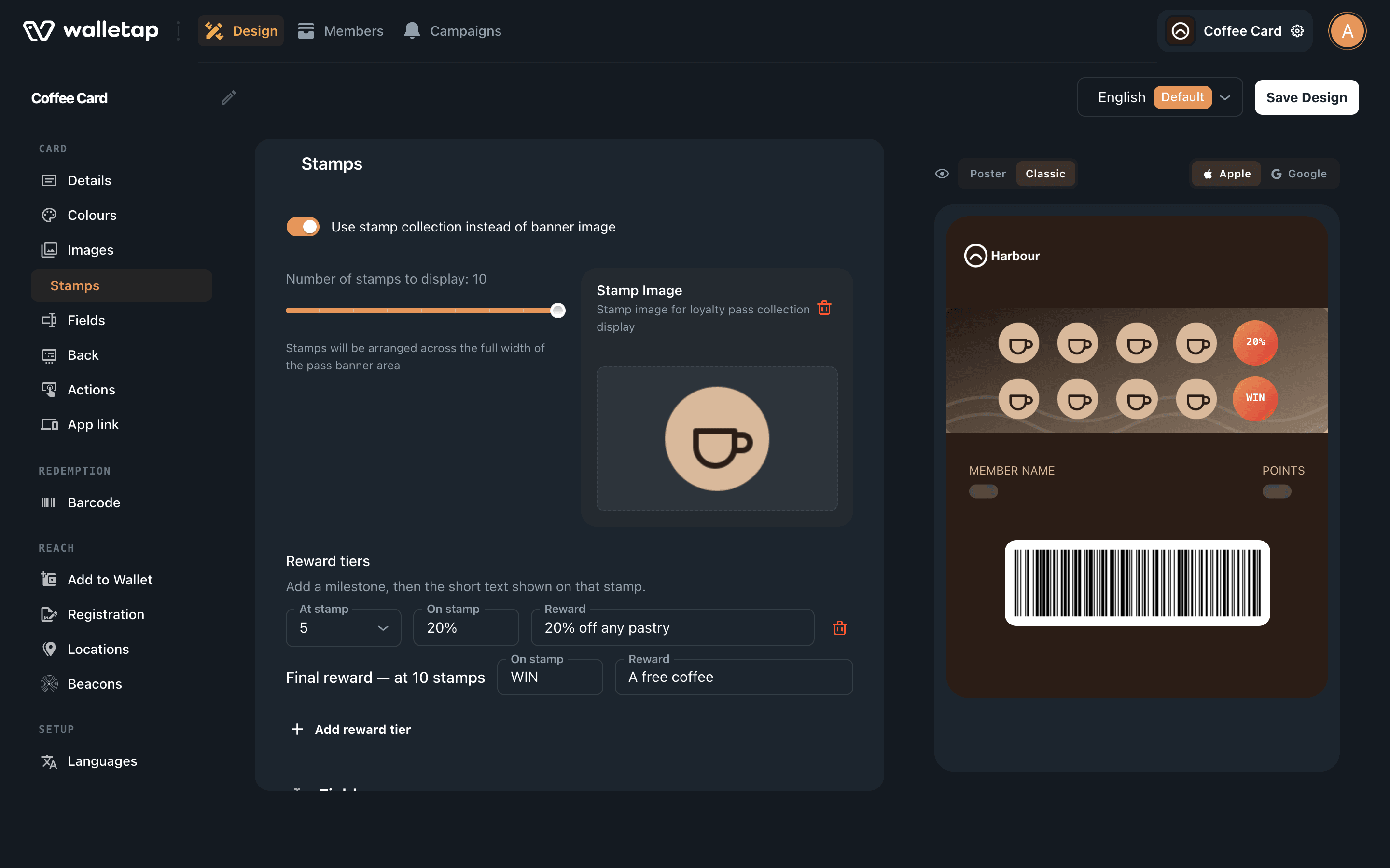 The Stamps section of the Coffee Card design: the stamp collection switch on, 10 stamps, a stamp image, and two reward tiers, with the pass preview beside it