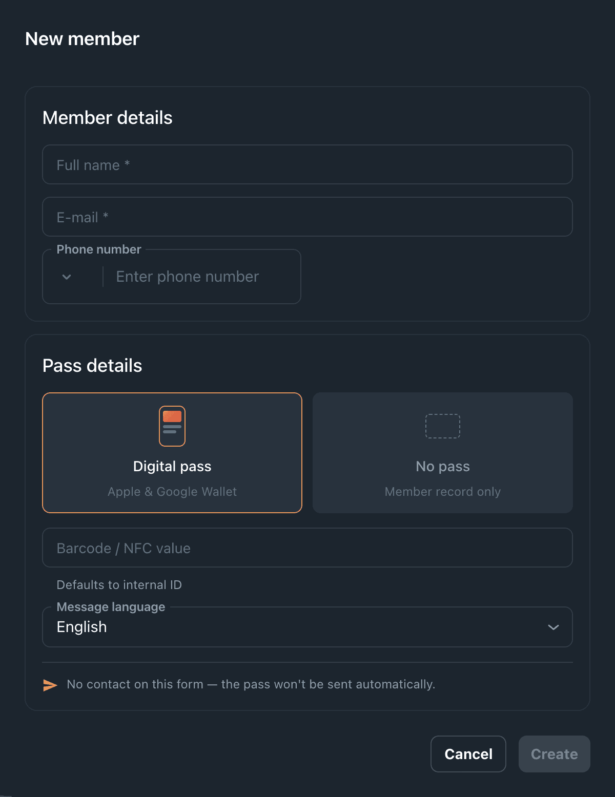 The New member dialog for the Coffee Card template, with empty member details and Digital pass selected