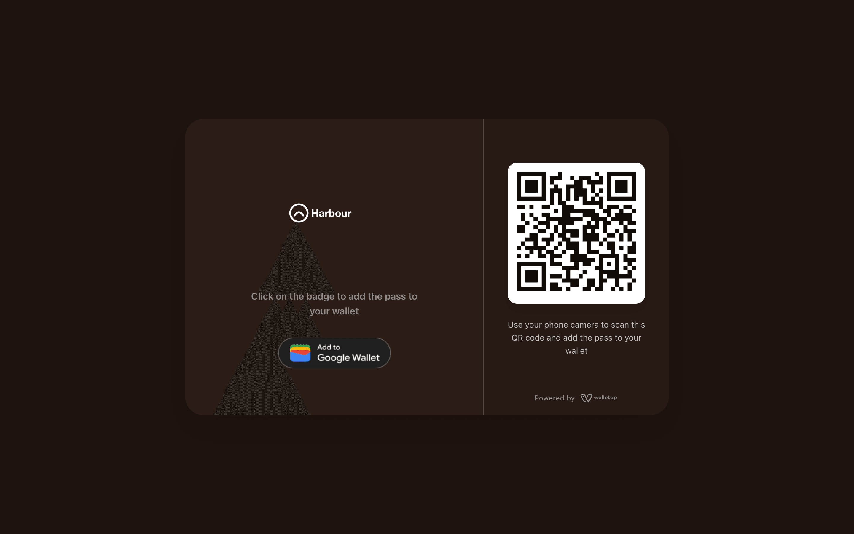 The Coffee Card pass page on a computer, with the card preview, add-to-wallet buttons and a QR code to open it on a phone
