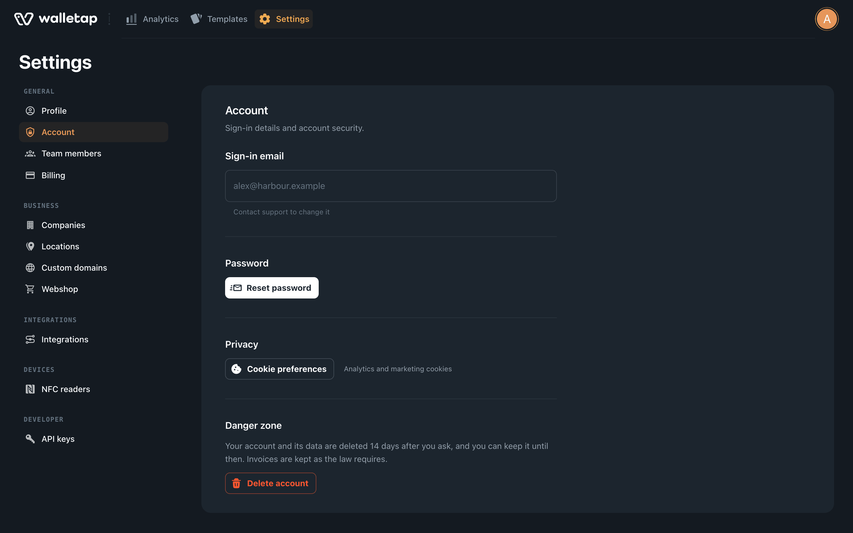 Settings, Account section with sign-in email, Reset password, Cookie preferences and Delete account
