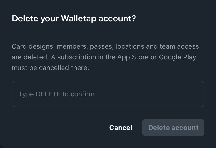 The Delete your Walletap account? dialog with the Type DELETE to confirm field
