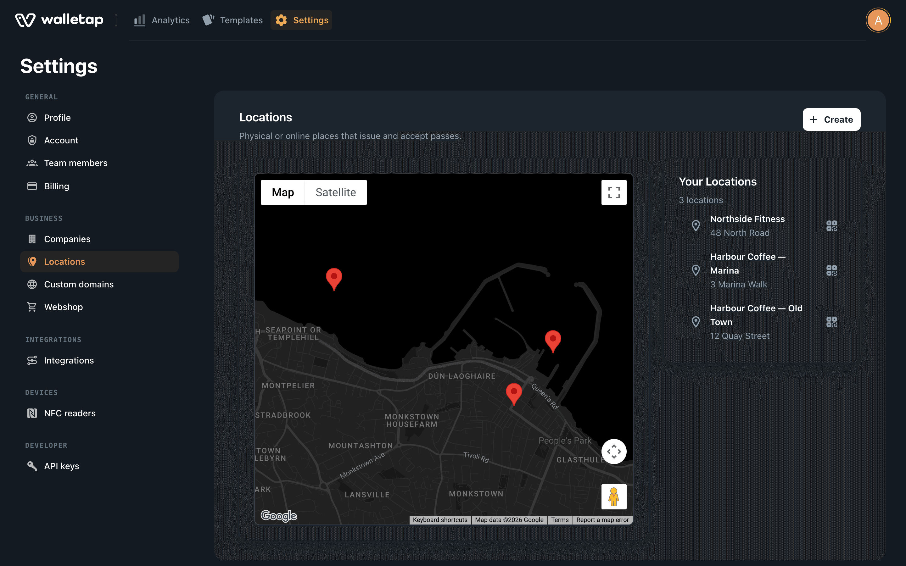 Settings, Locations section with a map of three pins and the list of locations