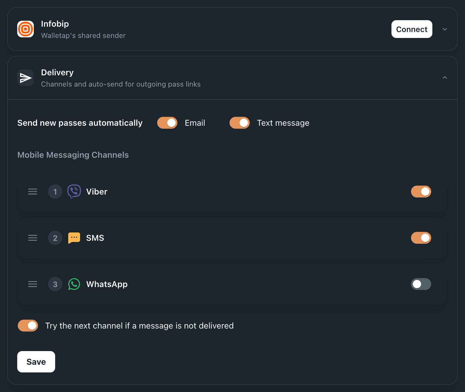 Settings, Integrations, with the Delivery row expanded: Email and Text message switches, the Viber, SMS and WhatsApp channels in order with their switches, and the fallback switch