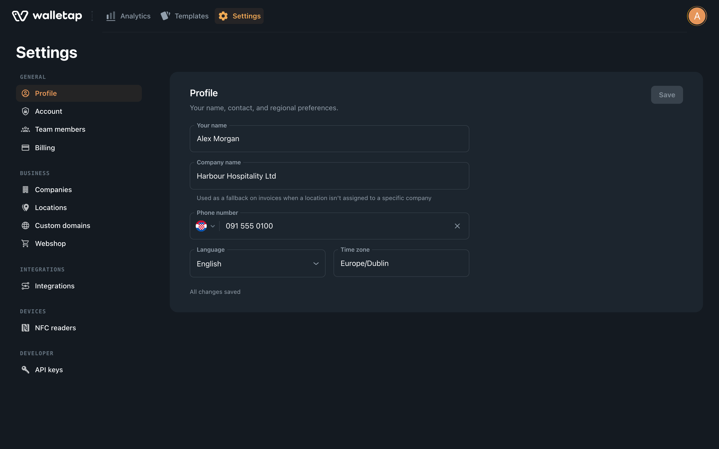 Settings, Profile section with name, company name, phone number, language and time zone fields