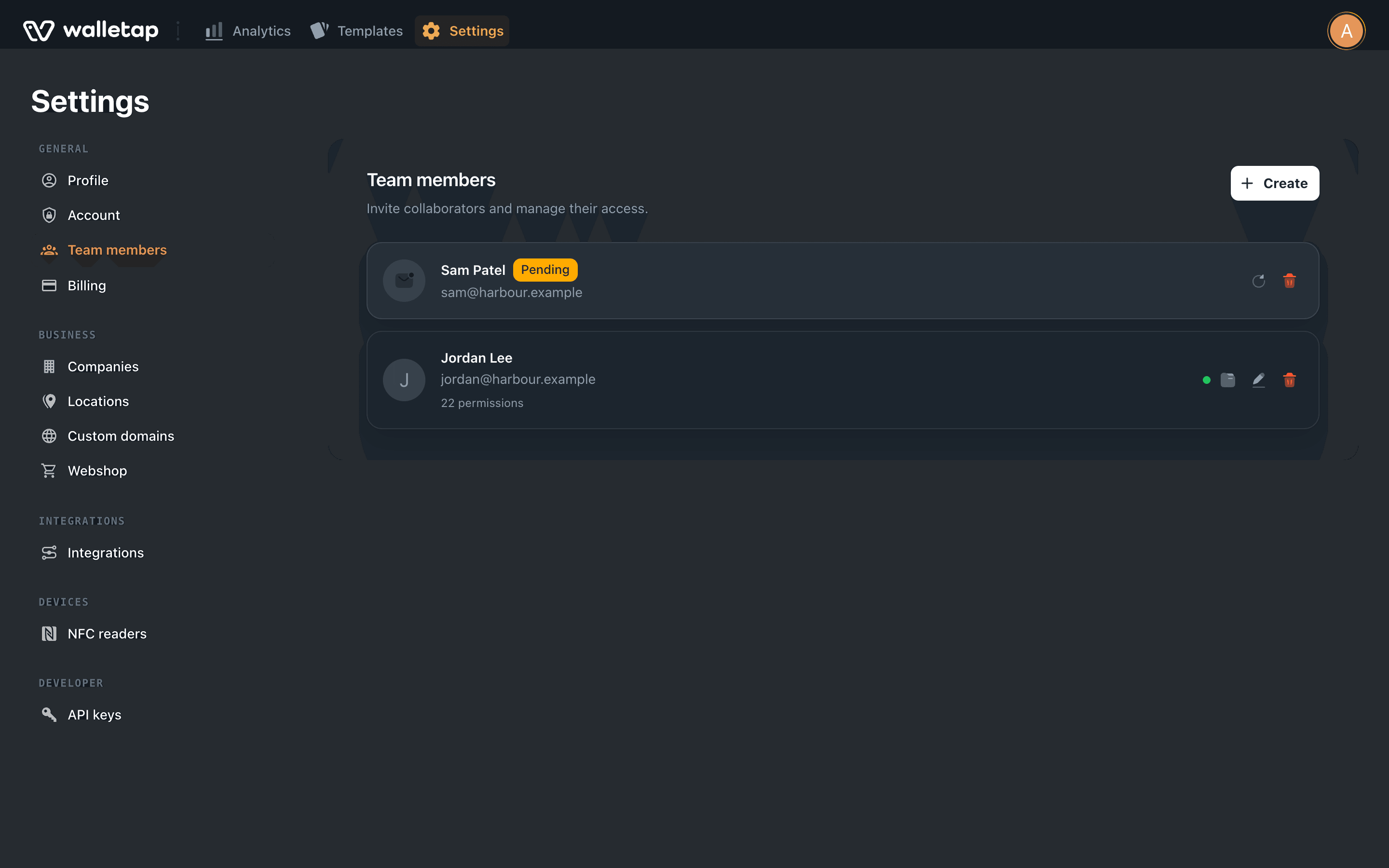 Team members list with one pending invitation and one active team member