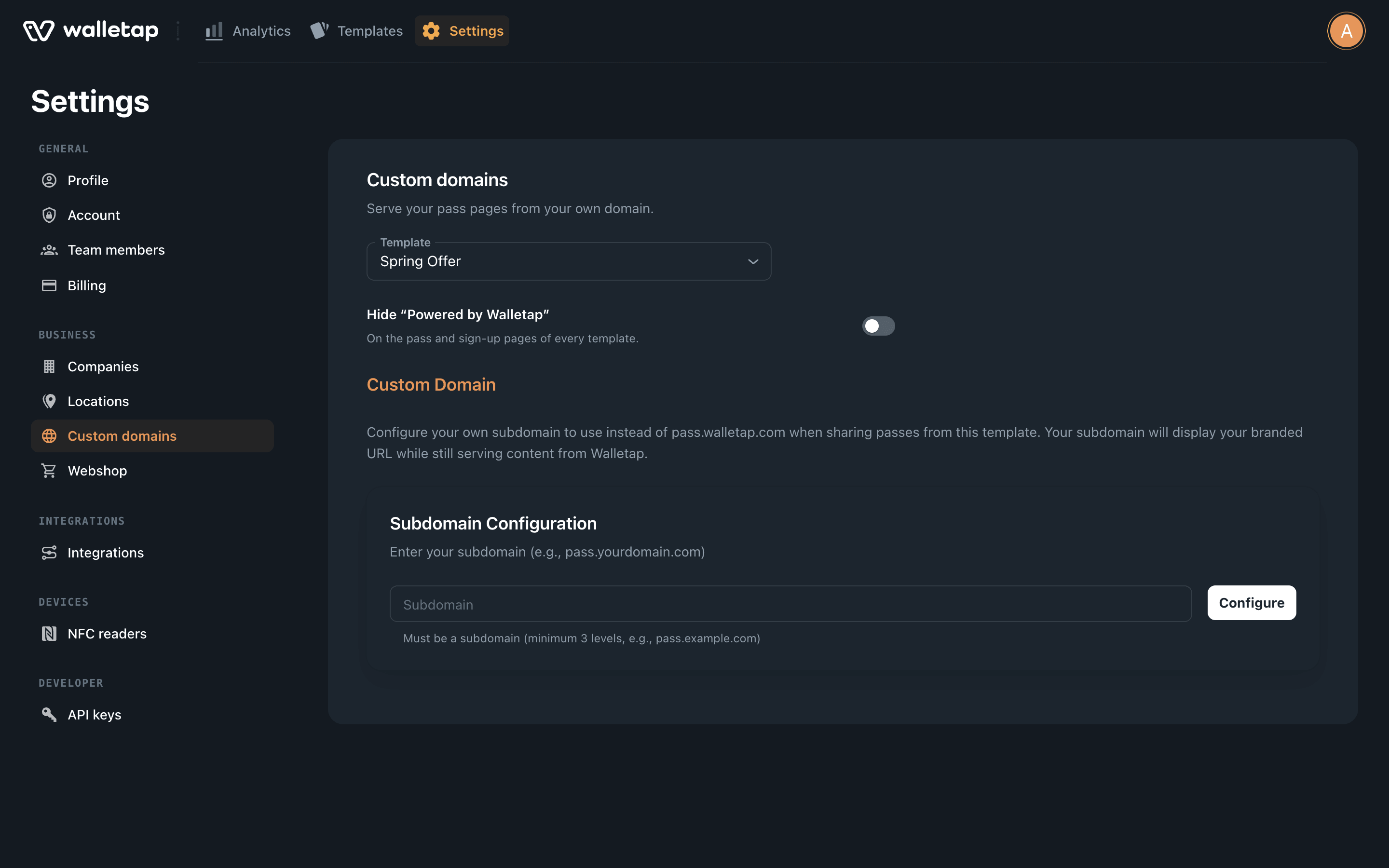 The Hide Powered by Walletap switch below the template picker in Settings, Custom domains
