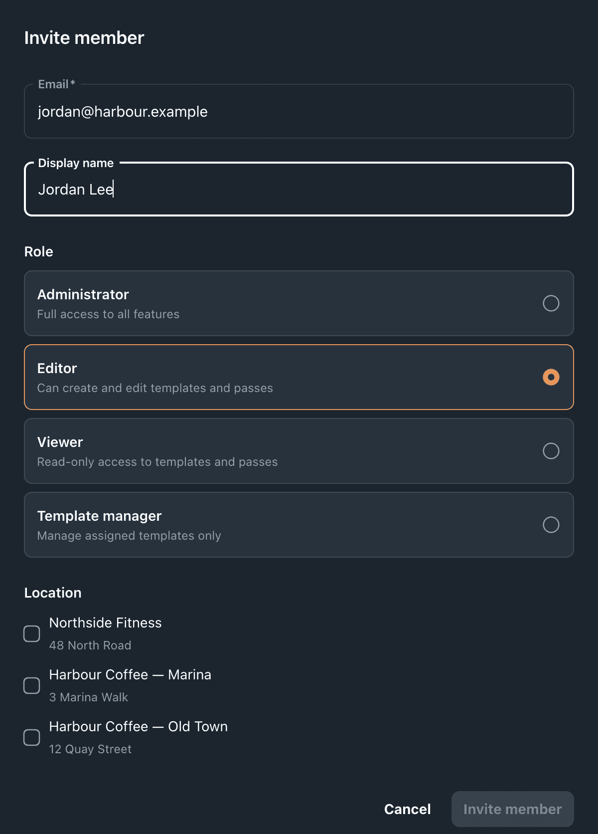 The Invite member dialog with email, display name, the four role cards and location checkboxes