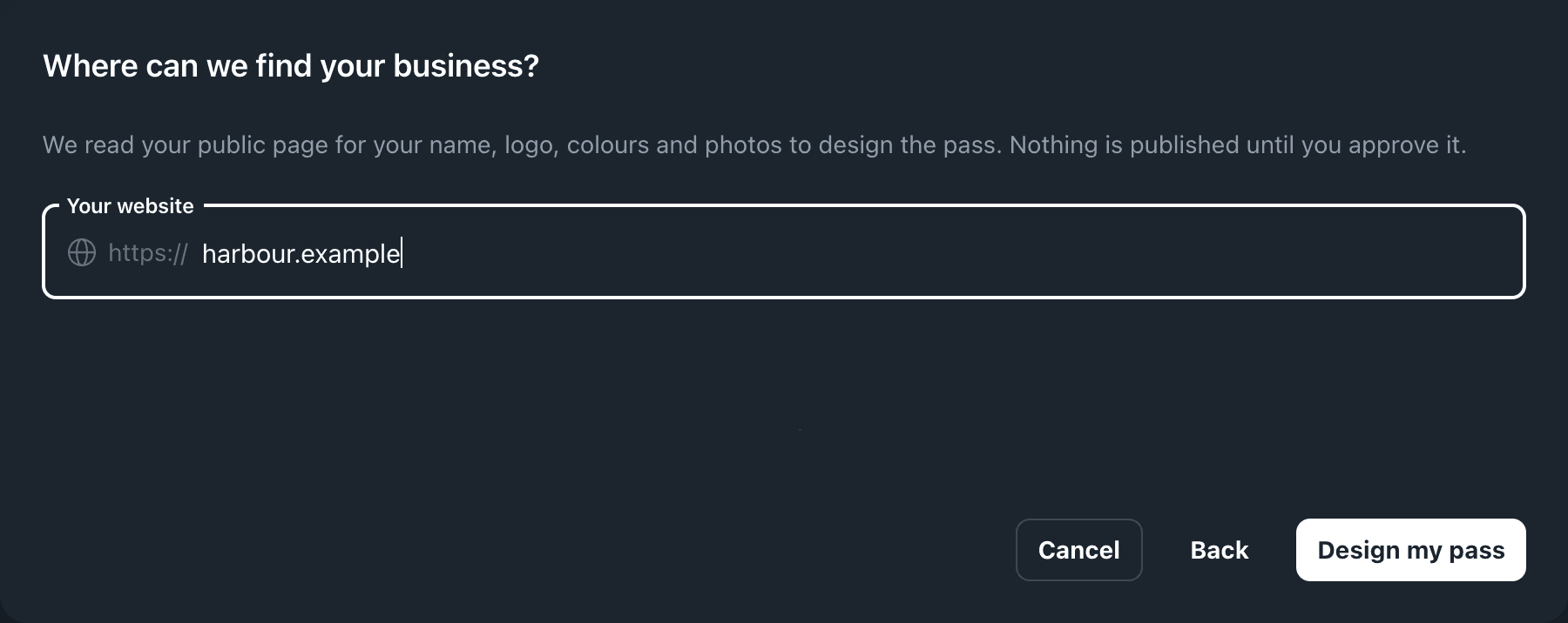 The Where can we find your business? page of the Create Template dialog, with harbour.example typed into Your website and the Design my pass button