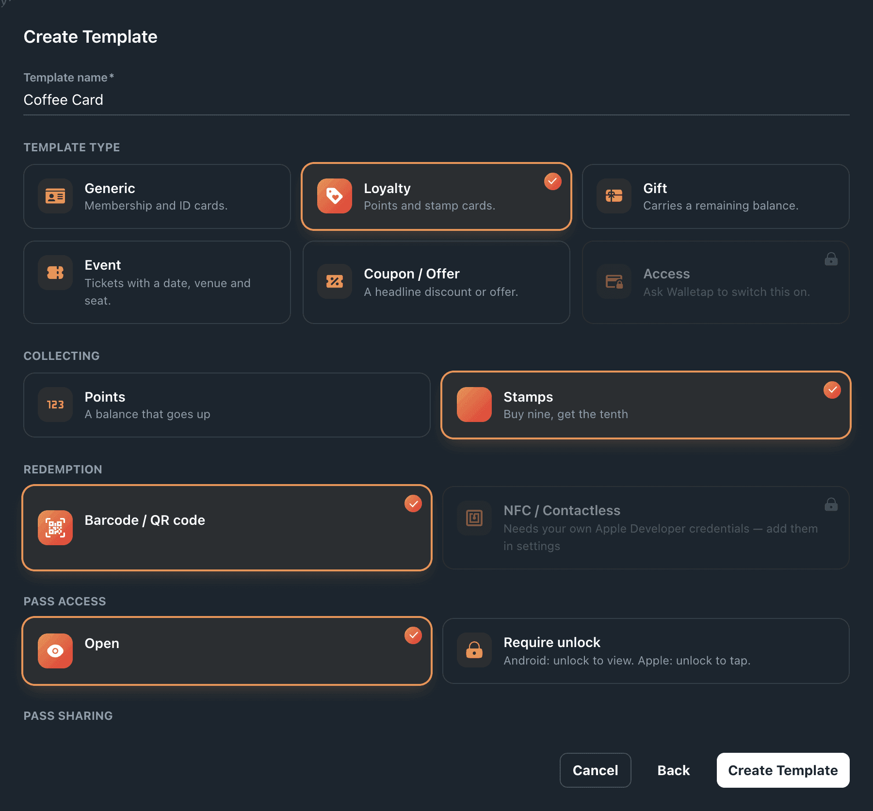 The Create Template dialog with the name Coffee Card, the Loyalty type selected, Stamps chosen under Collecting, and the Redemption, Pass access and Pass sharing options below