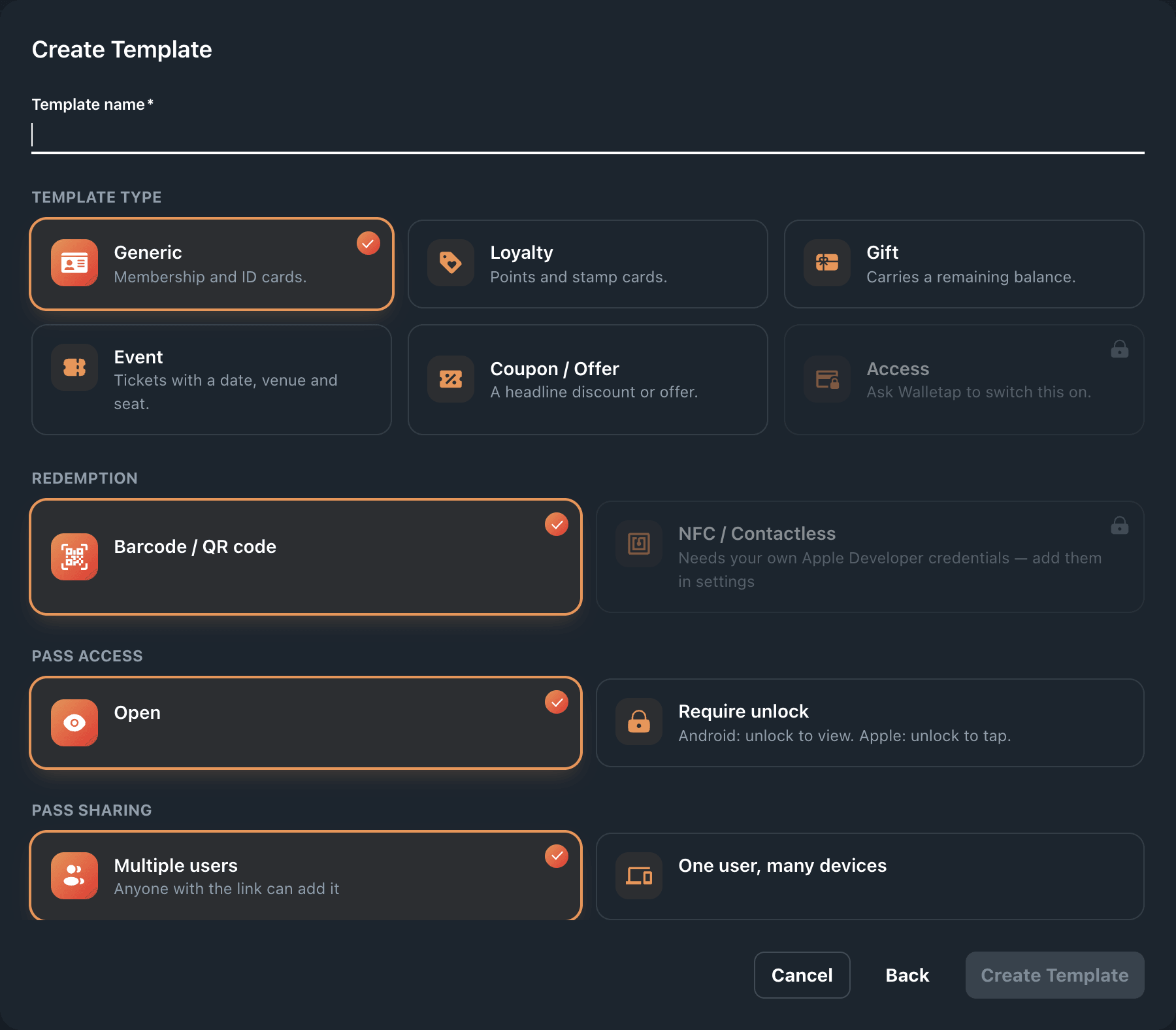 The create template dialog with the Template type cards Generic, Loyalty, Gift, Event, Coupon / Offer and Access